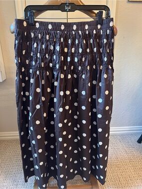 Shirred Waist Polka Dot Midi Skirt - Black & White